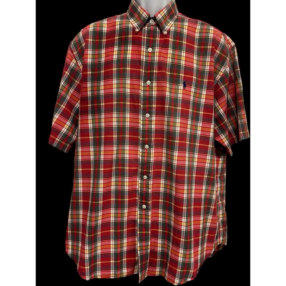 Ralph Lauren‎ Mens Shirt Camp Red Green Plaid Button Down Blake Navy Pony L
